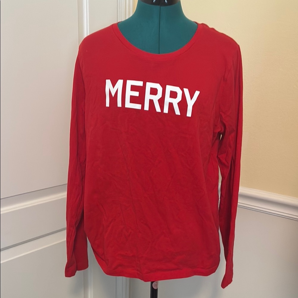 NWOT J. CREW RED MERRY HOLIDAY LONG SLEEVE TOP